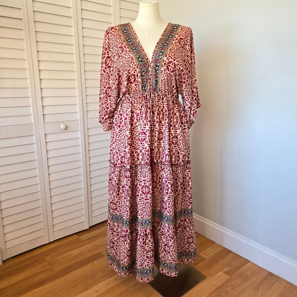 Step In Style Burgundy Boho Maxi Dress Size XL Tiered Tassel Festival Romantic